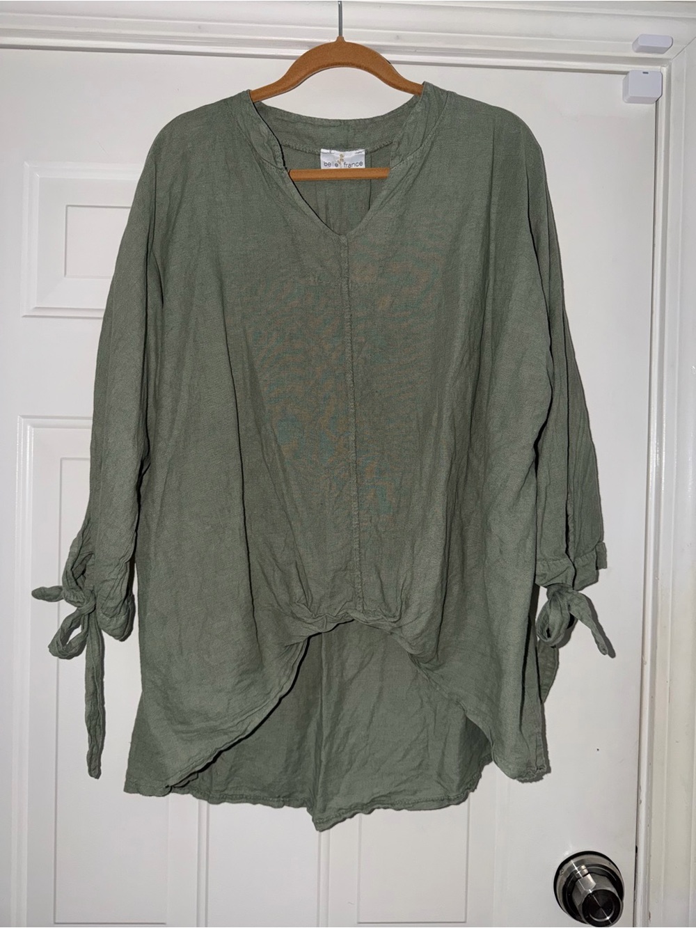 Washed Sage 100% Linen V-Neck Tie-Sleeve Women's Top. Sz XL